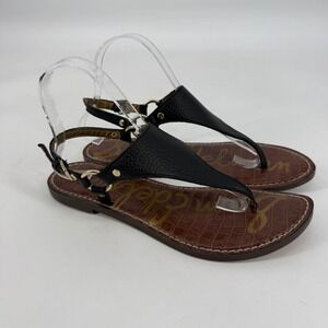 Sam Edelman Greta Black Leather Thong Sandals Gold Hardware Womens 8.5M 38.5